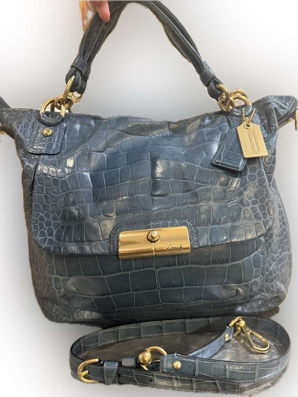 Coach Kristen Expandable Large Teal Croc-Embossed Bag Strap Original Hangtags
